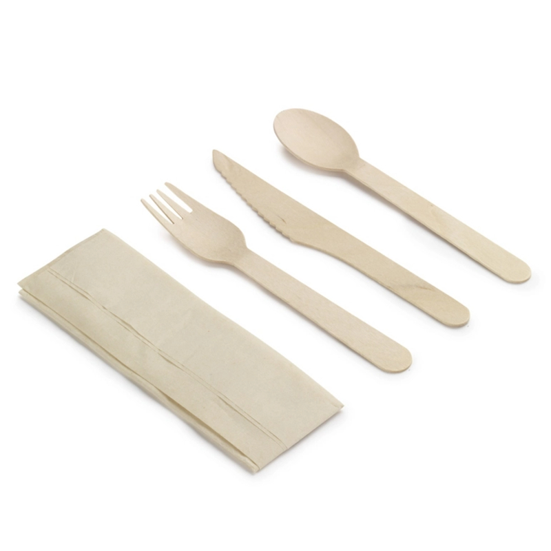 Kit cuillère, fourchette en bois et serviette