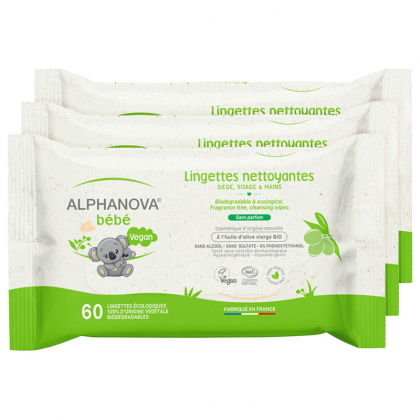 Lingettes épaisses à l'huile d'olive vierge biodégradables - Lot de 3x60 lingettes