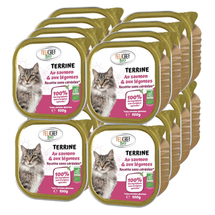 Terrine de saumon et légumes sans céréales pour chat - Lot de 16 x 100g