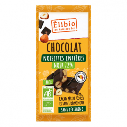 Chocolat noir bio aux noisettes entières - 72% de cacao - 180g