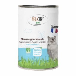 Mousse gourmande pour chat au saumon et à la volaille - 400g
