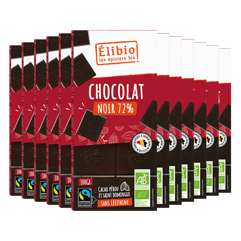 Chocolat noir bio - 72% de cacao - Lot de 12x100g