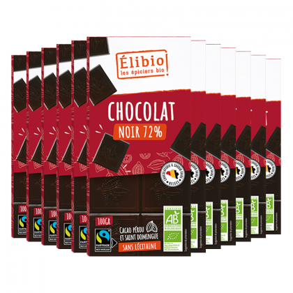 Chocolat noir bio - 72% de cacao - Lot de 12x100g