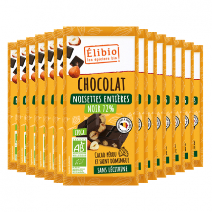 Chocolat noir bio aux noisettes entières - 72% de cacao - Lot de 14x180g