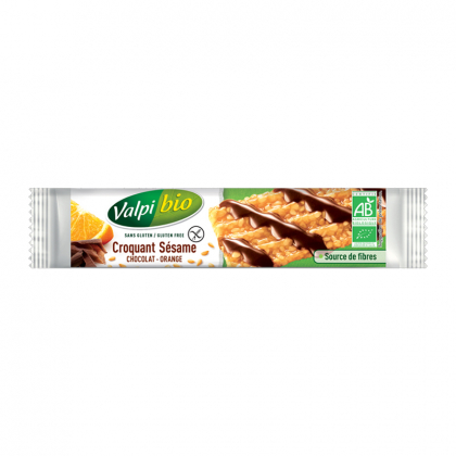 Barre bio sans gluten croquantes au sésame, chocolat et orange - 33g