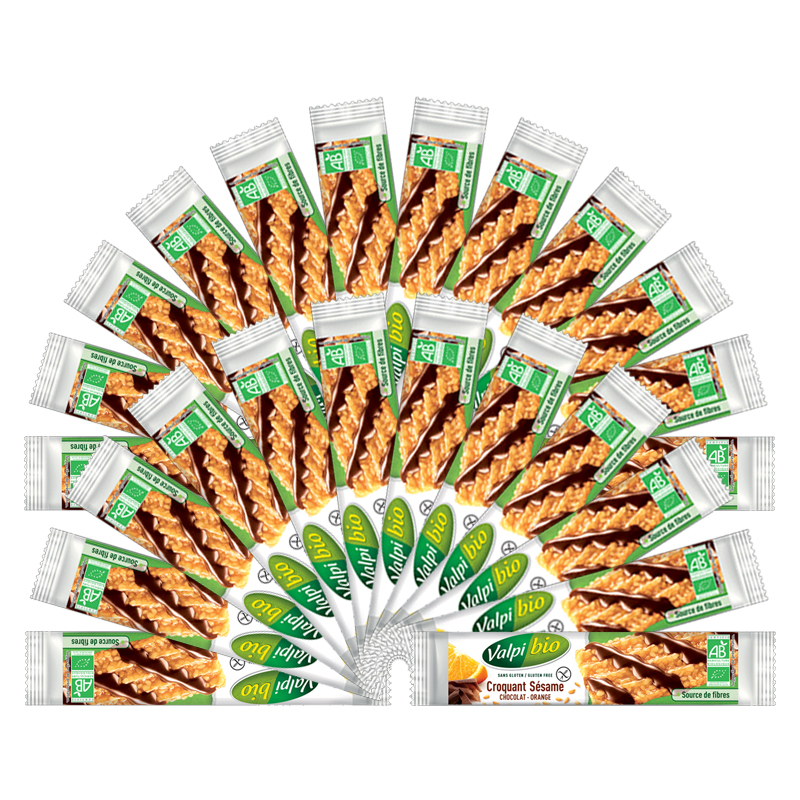 Barres bio sans gluten croquantes au sésame, chocolat et orange - Lot de 24x33g