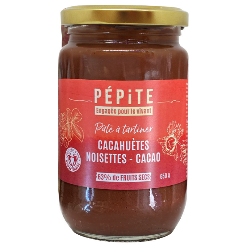 Pâte à tartiner aux cacahuètes, noisettes et cacao bio et équitables - 650g