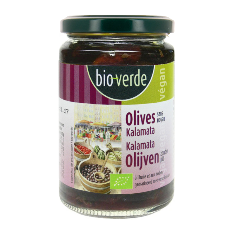 Olives noires Kalamata bio dénoyautées, à l'huile et aux herbes fraîches - 200g