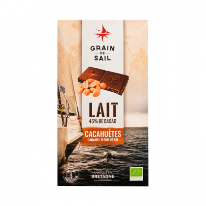 Chocolat au lait bio aux cacahuètes, caramel et fleur de sel - 45% de cacao - 100g