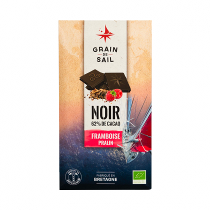 Chocolat noir bio à la framboise et pralin - 62% de cacao - 100g