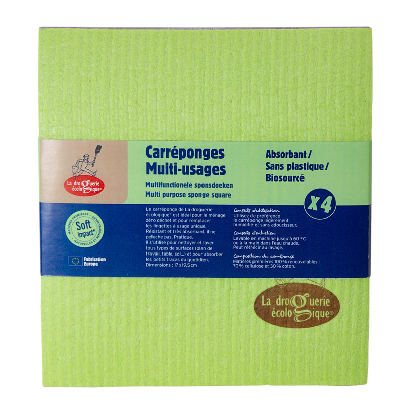 Carréponge lavette éponge en cellulose lavable et compostable - Lot de 4