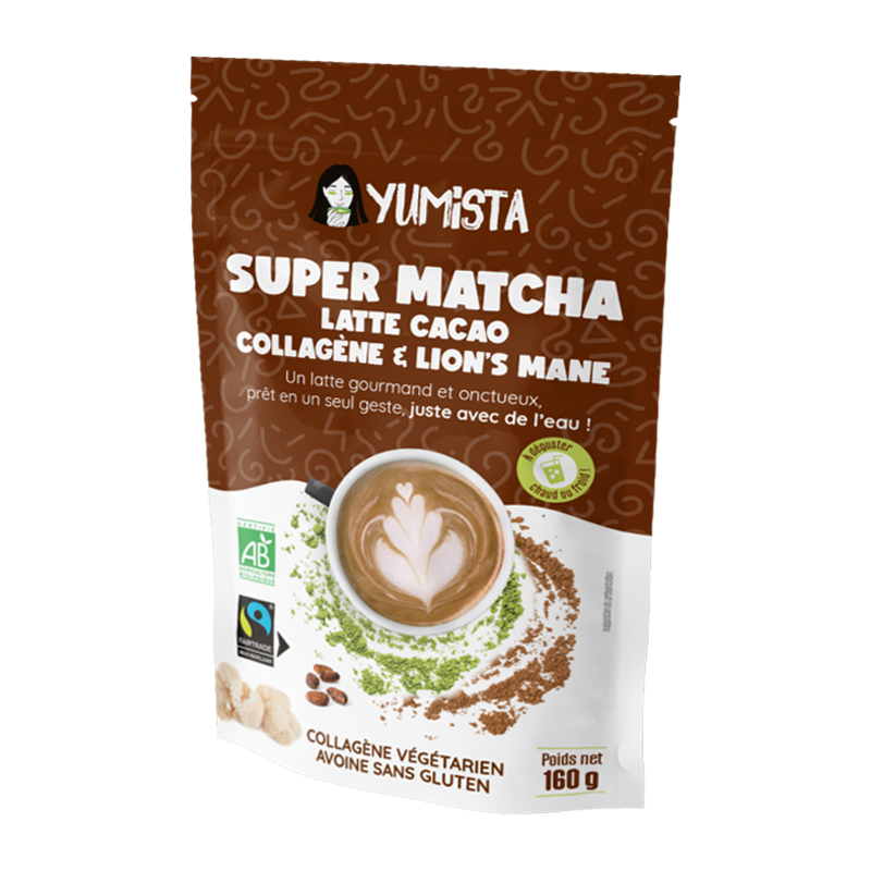 Super matcha latte bio au cacao, collagène et Lion's mane en poudre - 160g
