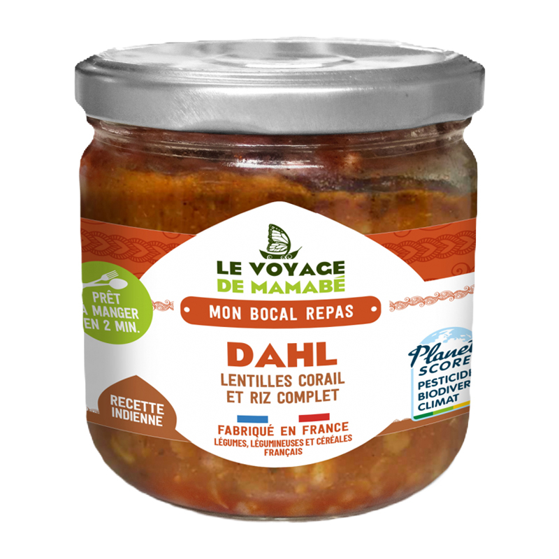 Dhal bio de lentilles corail et riz complet - Bocal repas de 330g
