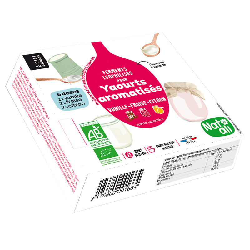 Ferments lyophilisés pour yaourt aromatisés bio - Vanille, fraise et citron - 36g
