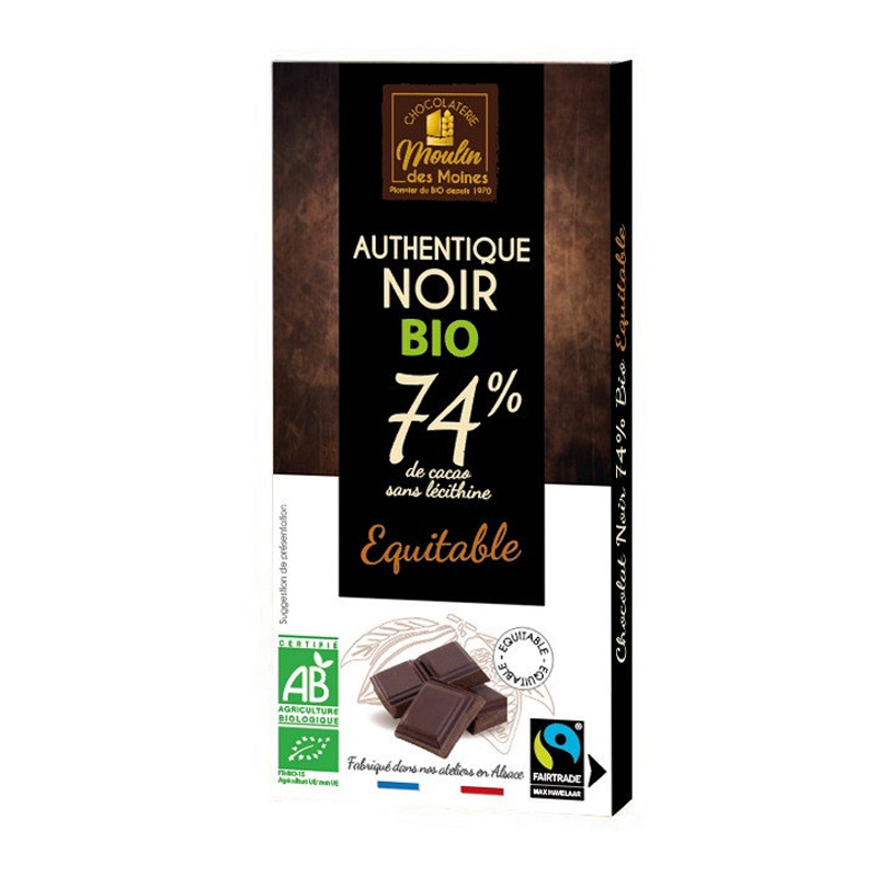 Chocolat noir 74% de cacao bio et équitable - 100g