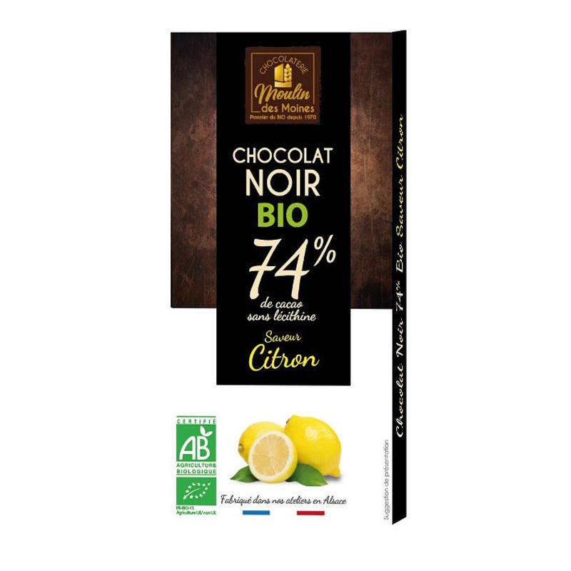 Chocolat noir au citron 74% de cacao bio - 100g