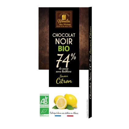 Chocolat noir au citron 74% de cacao bio - 100g