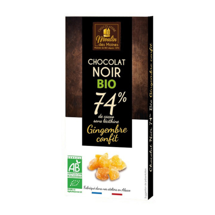Chocolat noir au gingembre confit 74% de cacao bio - 100g