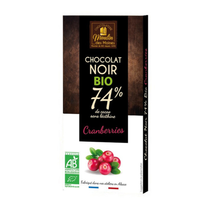 Chocolat noir aux cranberries 74% de cacao bio - 100g