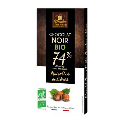 Chocolat noir et noisettes entières 74% de cacao bio - 100g