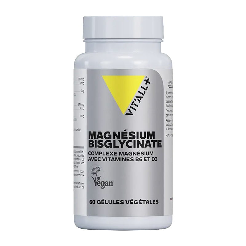 Magnésium Bisglycinate - Complexe magnésium, vitamines B6 et D3 - 60 gélules végétales